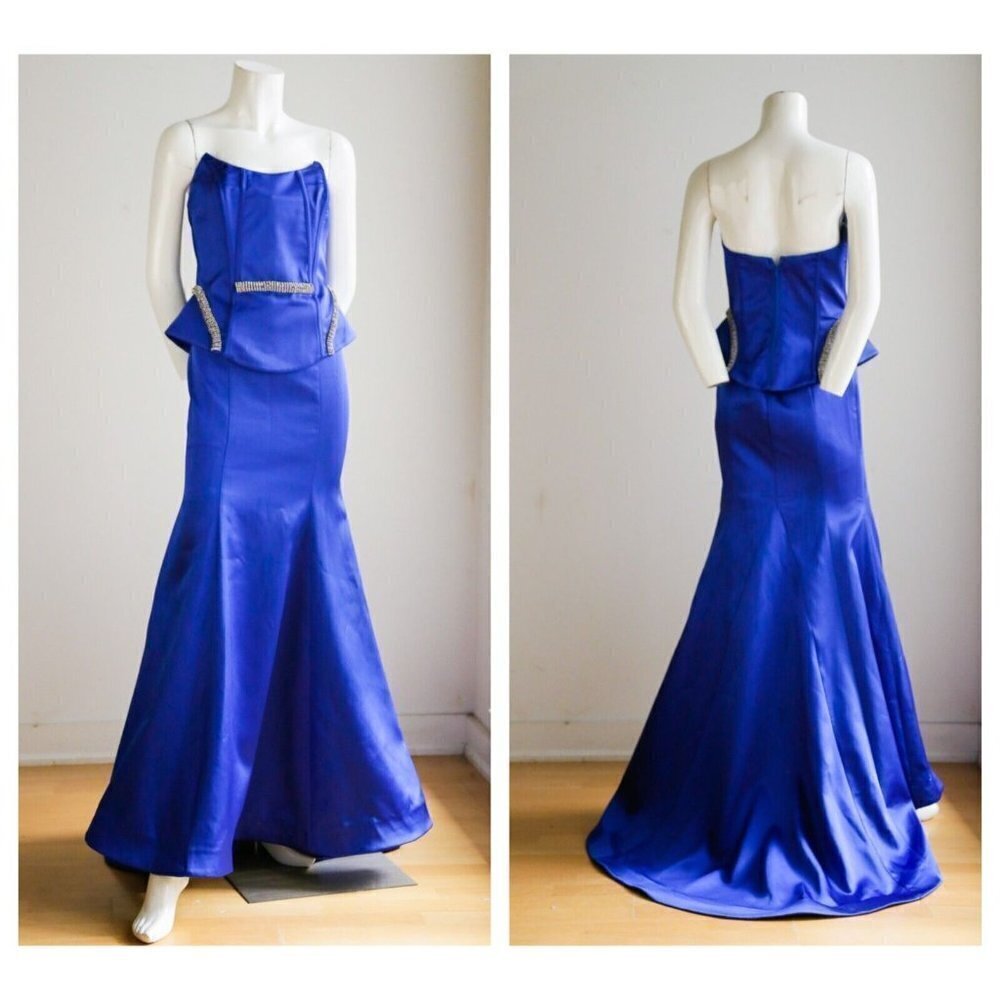 Pierre Cardin Cobalt Blue Satin Rhinestone Trim Two Piece Skirt Set w Train 38/S